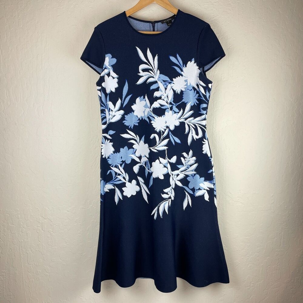~ St. John 10 Luxury Knit Midi Dress Navy Floral Cap Sleeve Flounce Hem Jacquard - Picture 5 of 16